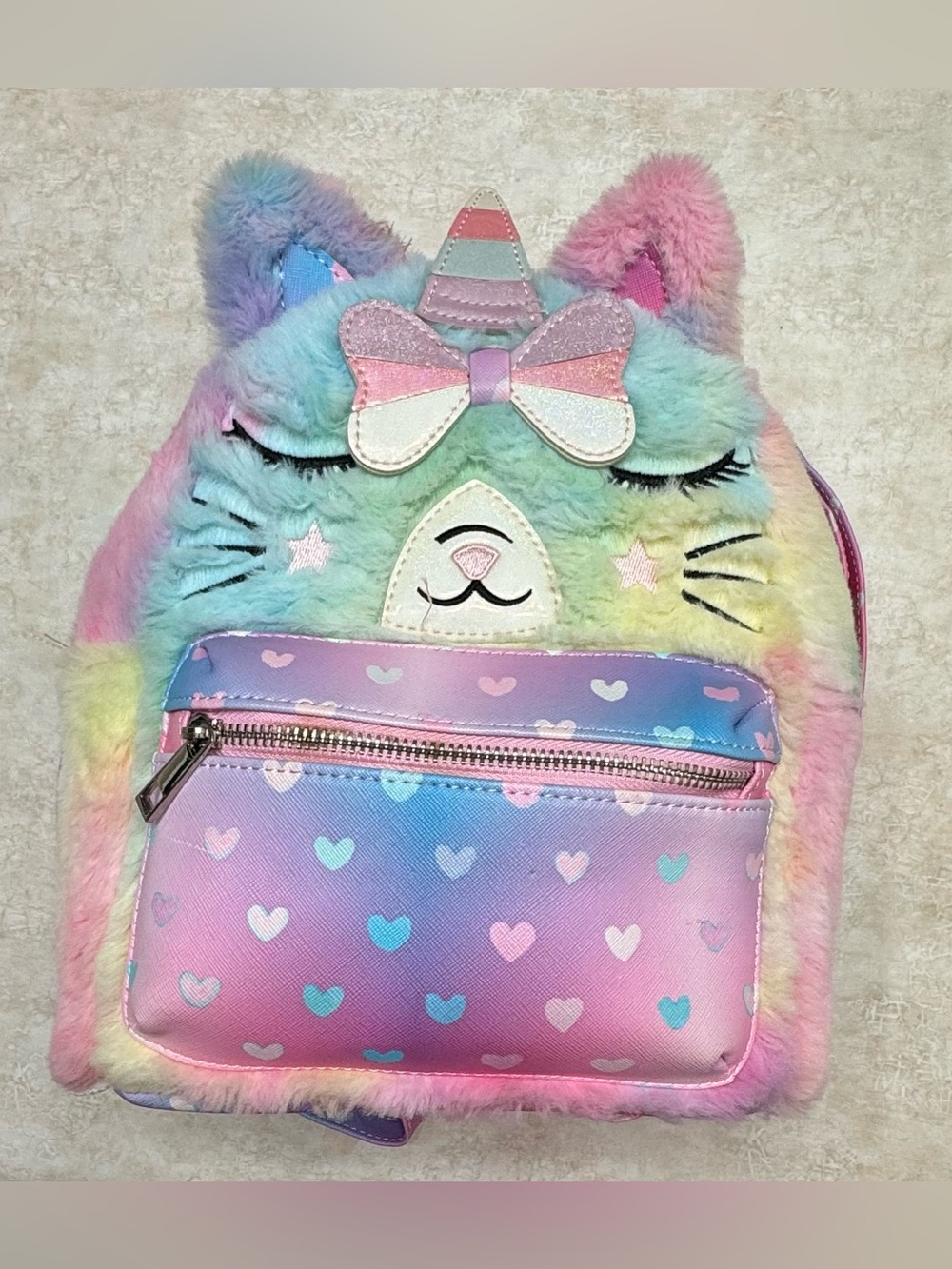 Kids Pastel Rainbow Unicorn Cat Plush Backpack - Multicolor